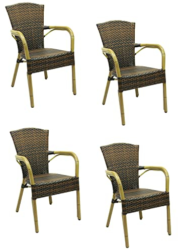 Konway 4X Colombo Stapelsessel Lederlook Polyrattan Garten Sessel Stuhl Set Gartenstühle Gartenmöbel Terrasse Balkon Sitzgruppe Outdoor Lounge Möbel