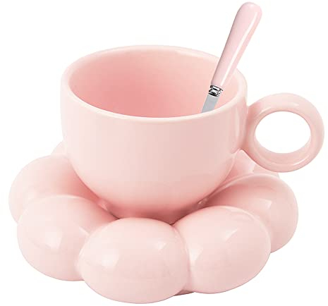 Keramikblumenkaffeetasse, kreative süße Tasse mit Cloud Sunflower Coaster für Büro und Zuhause, 6,5 oz/200 ml für Tee Latte Milch (Rosa)