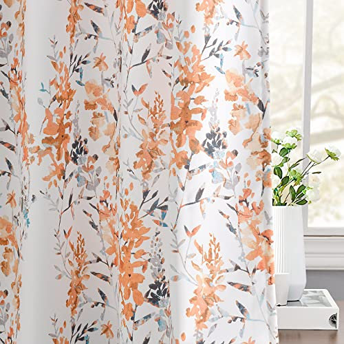 Kotile Orange White Curtains for Living Room, Classic Vintage Branch Floral Patterned Room Darkening Curtains 84 Inch Length 2 Panels Set, Light Block Grommet Privacy Drapes, 52 x 84 Inch, Orange