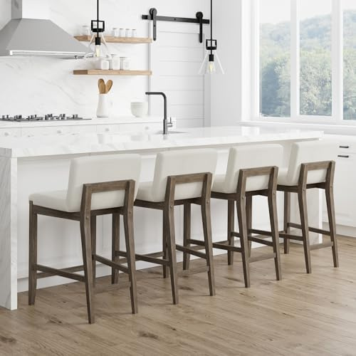 Nathan James Gracie Modern Counter Height Bar Stool with Back, Counter Stool Upholstered Chair with Natural Textured Linen and Brushed Wooden Legs, Cream Boucle/Dark Brown, Set of 4