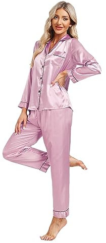 North Bund Ensemble De Pyjama pour Femme 2 Pièces Vêtements De Nuit À Manches Longues Pantalon Haut Deux Chemise Sexy Col V avec Boutons Saisons Chic Nightdress Nuisette Sleepwear Rose S