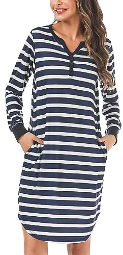 Nieery Long Sleeve Night Dress Womens, Ladies Nighties Cotton Nightdresses Plus Size, Y Neck T-Shirt Lounge Wear Dress Nightshirts (Navy+White, XXL)