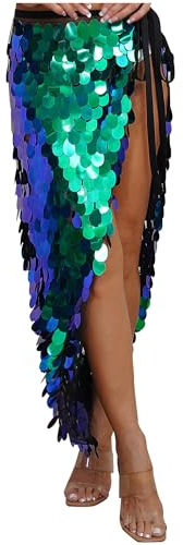 dPois Damen Pailletten Rock Lang Wickelrock Sexy Maxirock Glitzer Meerjungfrau Rock Bauchtanz Rock Party Halloween Kostüm Grün S