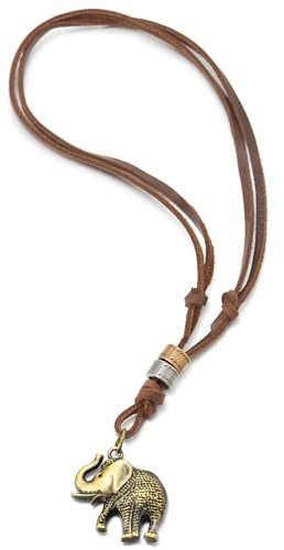 COOLSTEELANDBEYOND Vintage Gealtertes Messing Strukturierte Elefanten Anhänger, Halskette für Damen, mit Verstellbaren Braun Lederband