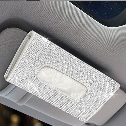 Spldsun Porta Fazzoletti per Visiera, Scatola Porta Fazzoletti per Auto, Visiera Tovagliolo Titolare, Hand Made Sparkling Crystal, per Auto Appeso Sedile Posteriore Tovaglioli Organizer (Bianco)
