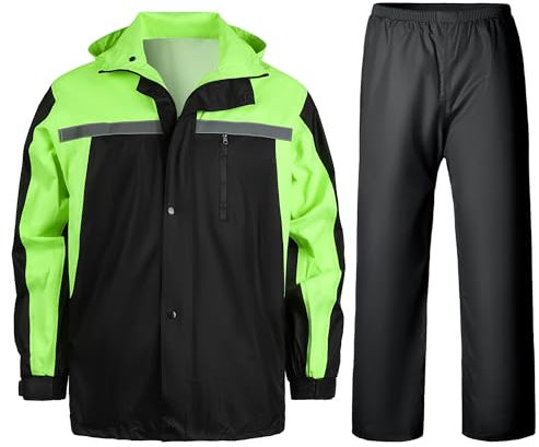 Yukirtiq Herren Regenanzug Outdoor Reflektierende Wasserdichte Anzug Fahrrad Regenjacke und Regenhose Regenbekleidung Regenkombi für Angeln Wandern Hundesport, Grün, XL
