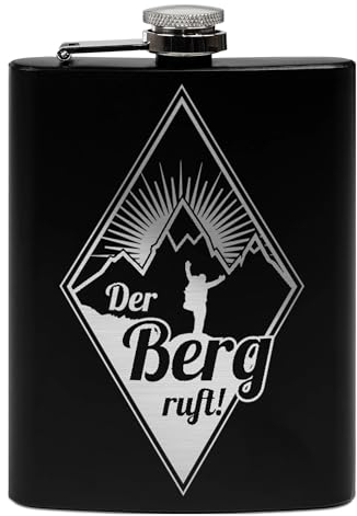 PR Print Royal Flachmann mit Gravur aus Edelstahl - Der Berg Ruft! - Geschenk Wandern Skifahren Outdoor - Praktische Taschengröße | Schwarz, 226 ml