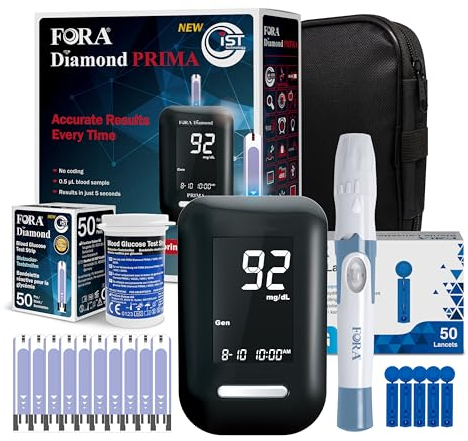 FORA Diamond DM10a Blutzucker Test Set – mit Blutzuckermessgerät, 50 Teststreifen, 50 Lanzetten & Etui – einfach & präzise für zuhause
