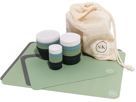 The Silicone Kitchen Starter Set Gift Bundle, 24 Regular, 12 Jumbo, 24 Mini Baking Cups, 2 Half-Sheet, 2 Quarter-Sheet Baking Mats, Blue, Green, White