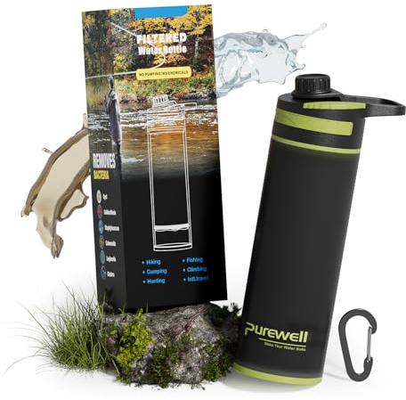 Purewell 800ml portable Filtre à eau pour l'extérieur, Gourde filtrante eau non potable, avec une capacité de filtration de 10000 L, Peut filtrer efficacement 99,99% des bactéries et des germes