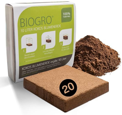 BIOGRO® Kokoserde gepresst im Quellbeutel - Biologisch abbaubare, torffreie Blumenerde aus Kokosfasern ideal als Anzuchterde (20 Stück)