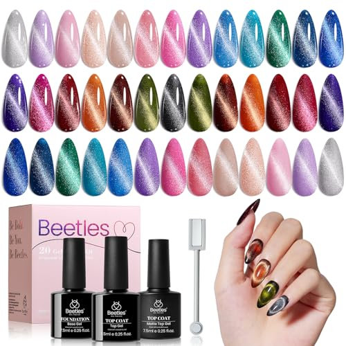 Beetles 20 Colors Cat Eye Gel Nail Polish Set with Base Gel and Matte Glossy Top Coat, Nude Pink Green Blue Gel Polish Lush Velvet with Magnet Soak Off LED Nail DIY Art Home Salon Gifts for Women