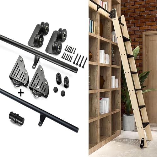 1ft-20ft Schiebeleiter-Hardware für Bibliotheken, Rollschienen-Komplettset für Holzleitern (ohne Leiter), Mobile Leiterschiene aus Rundrohr für Zuhause/drinnen/auf dem Dachboden, B