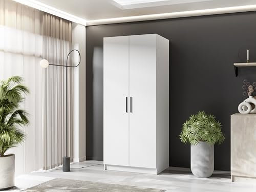 KIER FURNITURE - Drehtürenschrank - Kleiderschrank mit Kleiderstange - Garderobenschrank für Schlafzimmer, Flur - Flurgarderobe Weiß - 78x205x52,5 cm