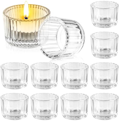 PRITOK 12 portacandele in vetro: bicchieri trasparenti per candele, vintage, portacandele votive, a coste, per Natale, casa, tavolo da pranzo, matrimonio, festa di compleanno, soggiorno