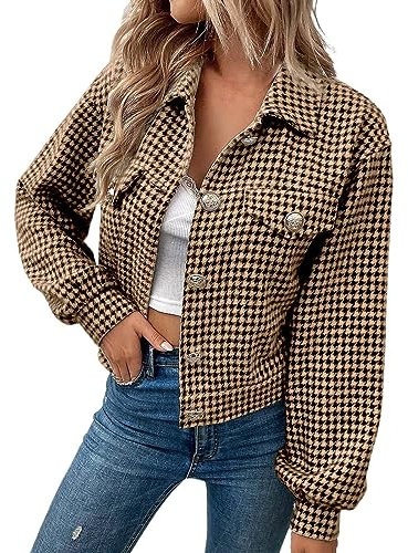 Veste Femme Rouge Cuir 2023 Automne et Hiver Femmes Manteau Simple Boutonnage Pied de Poule Veste Manteau Veste Femme (Brown, L)