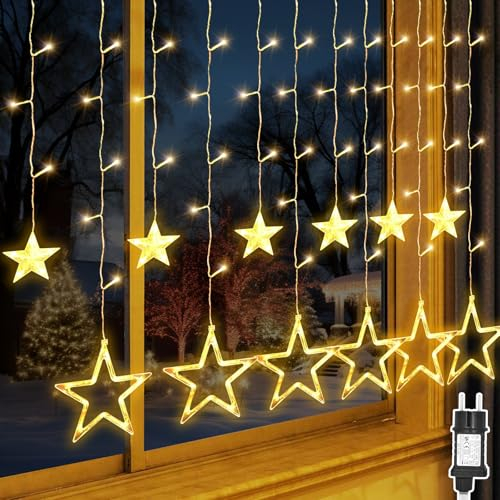 Bigzom Lichterkette Sterne Vorhang 138 LED 2.4×1m Lichtervorhang Innen Sterne mit 8 Leuchtmodi,12 Sterne Weihnachtsbeleuchtung Fenster Weihnachtsdeko Wasserdicht