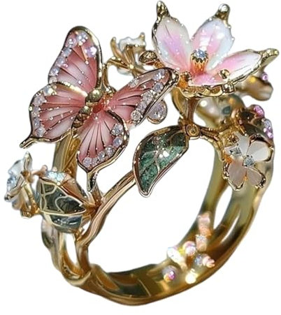 XQILGVF Bague Papillon Fleur, Bague Papillon Fleur Émaillée, Bague Papillon Fleur Mignonne, Bijoux Papillon Délicats Cadeaux pour Femmes (Gold,Style B)