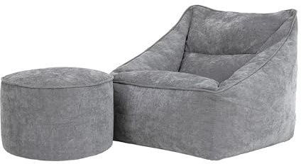 Icon Natalia Sitzsack Sessel mit Hocker für Erwachsene, Grau, Flauschiger Chenille-Stoff, Riesen Sitzsack mit Füllung, Bean Bag Chair, Bequemer Sessel Wohnzimmer, Lounge, Schlafzimmer, Büro