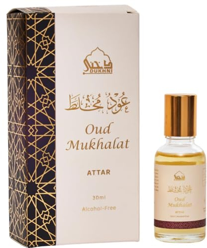 Oud Mukhalat Attar Oil by Dukhni | 30ml Saffron Oud Aroma | Islamic Gifts | Pure Oud Roll On Perfume Oil for Men & Women| Alcohol Free, Long Lasting, Skin Safe Attar | Gift For Men & Women