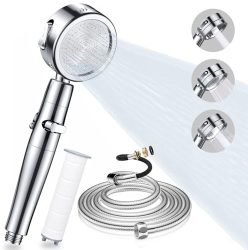 Pommeau de Douche, Douchette Douche Salle de Bain Economie d'eau 3 Types de Jets Réglable, Haute Pression Pomme de Douche avec Tuyau 2m et Filtre, Pommeau Douche Anti Calcaire Rotative à 360°, Argent
