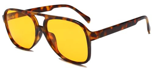 Long Keeper Retro 70s Polarised Pilot Sunglasses for Women Men Oversized Double Bridge Aviation Sunglasses Large Frame Vintage Shades UV400 Protection (Tortoiseshell Frame Yellow Lens)