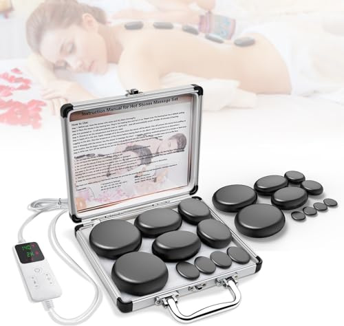 Professional Hot Stones Warmer, Massage Stone Warmer Set, Portable Electric Hot Stone Massage Set, 10 Pieces Hot Massage Stones Made of Basalt, for Massage Therapy, Relaxation, Spa Treatment (10-pcs)