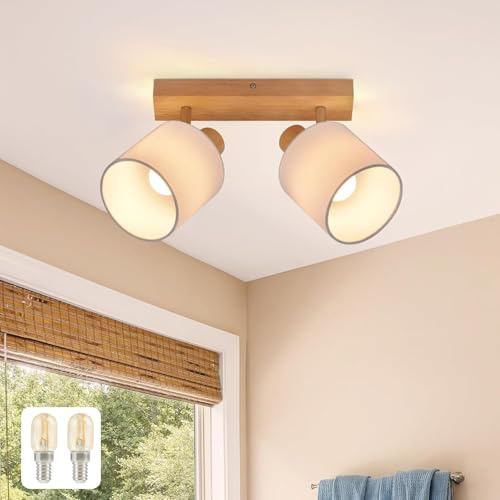 Glitzerlife Deckenleuchte 2 Flammig Deckenlampe Flur Deckenstrahler | Vintage Holz Deckenspot Wandstrahler Schwenkbar 350° E14 MAX.25W lampe für Wohnzimmer Schlafzimmer Küche Mit Leuchtmittel