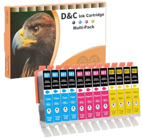 D&C 12x 551XL Druckerpatronen Kompatibel mit Canon CLI-551 551XL Patronen für Canon Pixma IP8750 IP7250 MG5650 MG5550 MX725 IX6850 MG6450 MG5450 MG6350 IP7200 MG6650 MX920 IX6800 MG5655 IX6820 IP7240