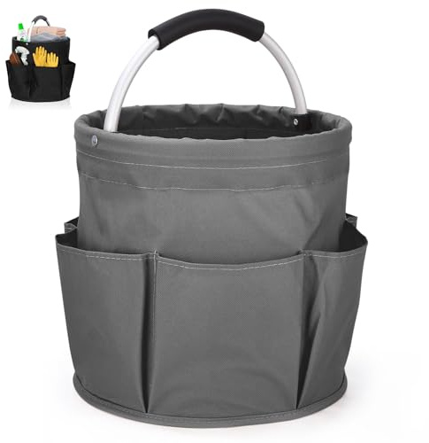 Putzmittel Organizer, 28 x 28 cm Putztasche, Faltbare Aufbewahrungskorb, Universal Reinigungs Caddy, Mit Griff und 6 Fächern, Reinigungstasche für Innenbereich,Garten,Badezimmer (Grau)