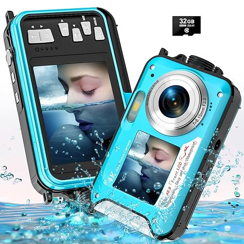 Underwater Camera, YISENCE UHD 4K 56MP Autofocus Digital Camera Waterproof with a 32GB Card Selfie Double Screens Waterproof Camera for Snorkelling
