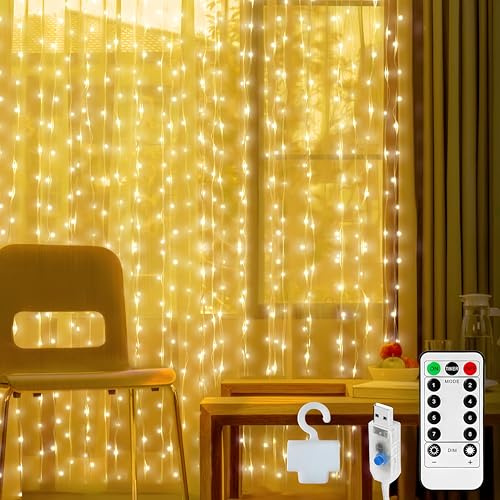 Luthando Lichtervorhang innen, 2x2M 200 LEDS USB Lichterkettenvorhang, Weihnachtsdeko mit Fernbedienung Timer, IP65 Wasserdicht LED Lichterkette für Weihnachten Fenster, Party, Schlafzimmer