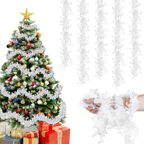 Joxessaien Lametta Weihnachtsbaum 8 Stück × 2 m – Weihnachtsgirlande 16 m Weihnachtsdeko Feine Lametta Girlande mit Glocken – Christbaum Deko für Innen & Außen (Weiß)