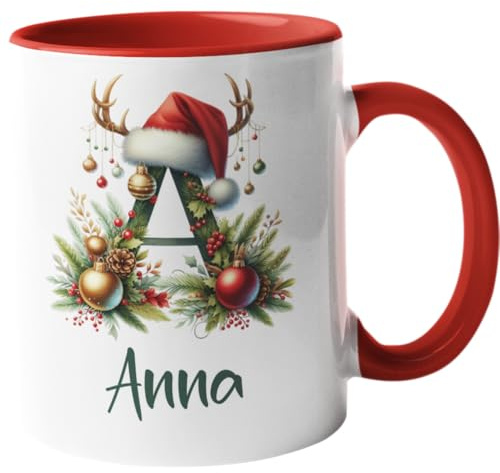 Tasse mit Namen und Anfangsbuchstabe personalisiert - Weihnachtstasse Advent Nikolausgeschenk - Initiale - Buchstabentasse - Namenstasse - Monogram 330ml (Rot)