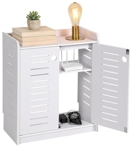 XQZMD WiFi Router Aufbewahrungsbox, TV Kabel Verstecken Box, PVC Hider Router Rack, Freistehende Desktop Aufbewahrungsbox mit Verstellbaren Regalen, Für Büro und Haus, 60x50x25cm (Weiß)
