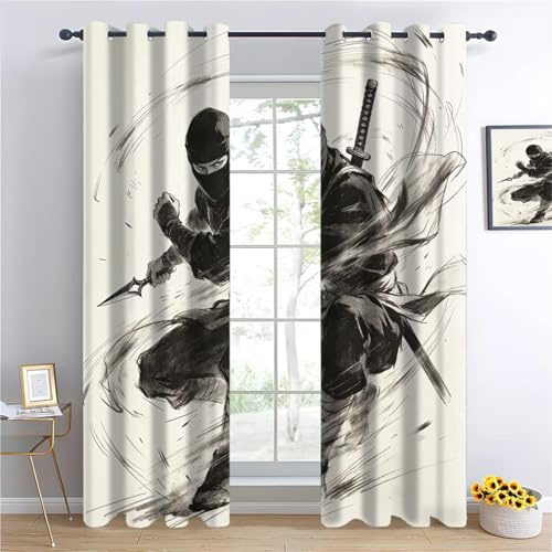 YNIOFU Japanischer Stil Verdunkelungsvorhänge, Ninja Schlafzimmer Gardinen, Schwarz-Weiß-Skizze Ösen Schiebevorhänge, Comic-Stil Wärmeisolierend Blackout Vorhang B117 x H138cm 2 Paneele