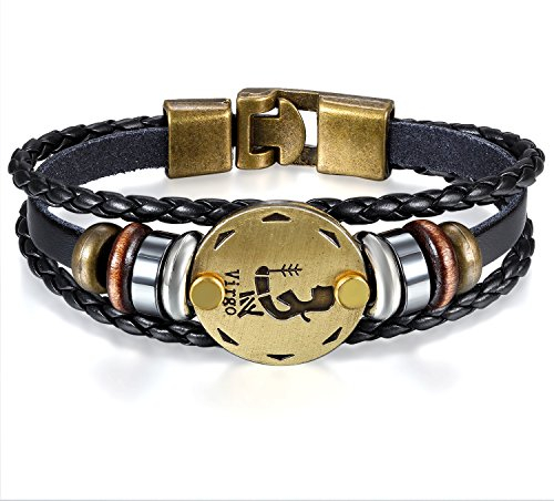 JewelryWe Schmuck Herren Damen Jungfrau Armband, 12 Tierkreis Sternzeichen Horoskop Charms Druckknopf Armreif, Leder Legierung, schwarz
