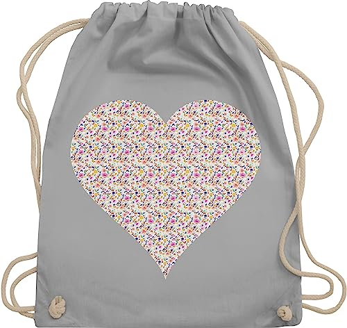 Turnbeutel Rucksack - Vintage Retro - Herz Blumen bunt - Unisize - Hellgrau - festivalbeutel pflanze herzen beutel festival pflanzen stoffrucksack damen plant stoffbeutel kordel plants sportbeutel
