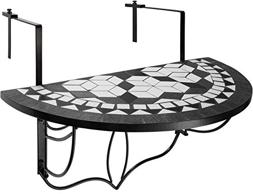 tectake® Balkonhängetisch Mosaik, halbkreisförmiges Design, Balkontisch klappbar, Massive Steinmosaik-Tischplatte, Balkontisch mit Metallhaken, Hängetisch für Terrasse und Balkon - schwarz/weiß