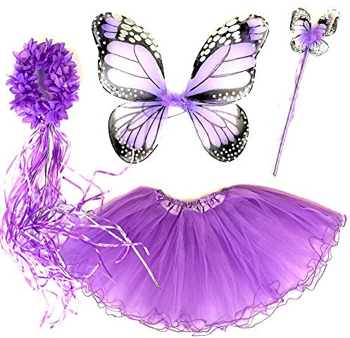 Tante Tina - 4-pièces Déguisement de fée Papillon - Ailes, Baguette, Serre-tête et Jupe - Monarque Lilac