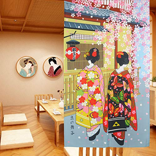 LIGICKY Noren Rideau Japonais Long Tapisserie Fenêtre Rideaux Panneau Tenture Tapisserie Décoration (85×150cm,Kyoto Geisha Maki Dance