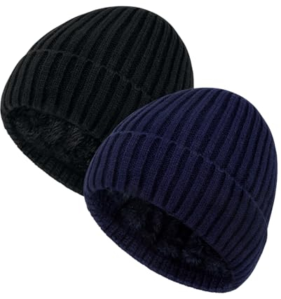Chalier 2er Slouch Beanie Strickmütze Wintermütze Herren Damen, Warme Winter Mütze mit Fleece Innenfutter Unisex MEHRWEG(Blau+Schwarz)