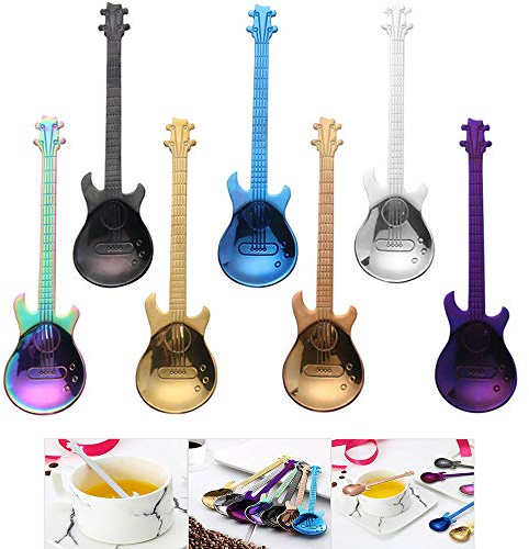 7piezas Guitarra Cucharillas de café, Colores Cuchara de Acero Inoxidable Ideal Coloridas Cucharas de Café Musicales de Acero Inoxidable para Agitar, Mermelada, Cuchara de Helado, Barra, Vajilla (7)