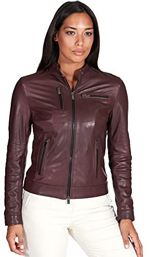 D'Arienzo Giacca Pelle Naturale Bordeaux Donna Giacca Moto Primaverile Biker Vera Pelle Made in Italy Giulia XS/Vinaccio