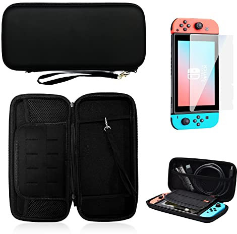ZWZNBL Custodia compatibile per Nintendo Switch e Switch OLED, custodia protettiva nera per il trasporto portatile, con pellicola temperata per schermo