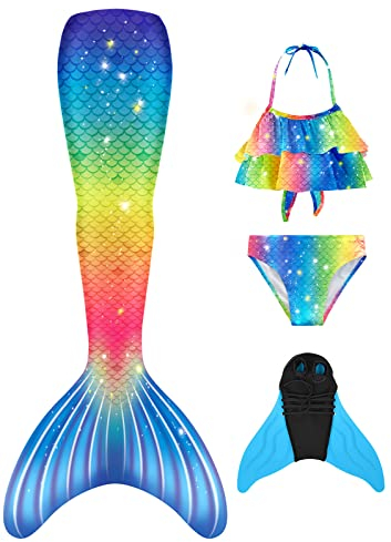 FOLOEO Mädchen Meerjungfrauenschwanz Zum Schwimmen mit Meerjungfrau Flosse- Prinzessin Cosplay Bademode für das Schwimmen mit Bikini Set und Monoflosse, 4 Stück Set, Mehrfarbig (MD37-CC), 150