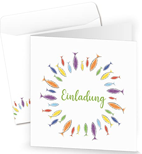 Logbuch-Verlag Einladungskarten Kommunion mit Umschlag weiß bunte Fische - Einladung Klappkarten für Taufe Konfirmation 10 Stück