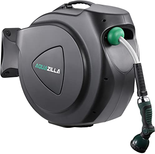 AZILLA Retractable Garden Hose Reel 65FT +6FT 5/8, Durable Wall Mounted Water Hose Reel- Smooth Automatic Rewind, Lock Hose in Any Lenght , 180° Swival Bracket, 9 Pattern Sprayer