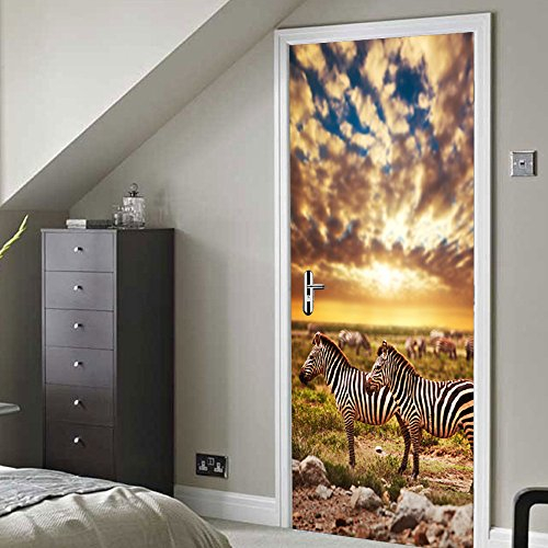 Türaufkleber Wandbild Türposter Golden Sunshine Zebra Gruppe PVC Selbstklebende Tür Wandbild Wandaufkleber Poster Fototapete 95X215cm