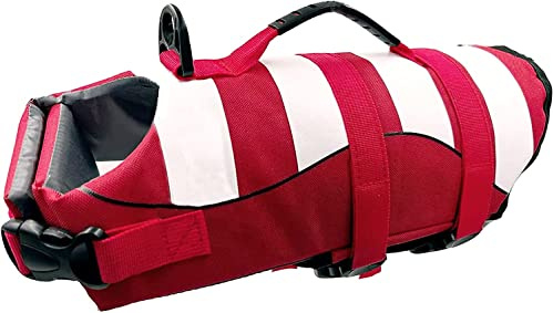 Dog Life Jacket with Reflective Stripes,Adjustable High with Strong Rescue Handle Dog Life Vest for Swimming and Boating (Red, M (Chest Girth: 20.9-25.6))